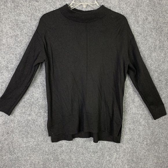 Talbots Merino Wool Black Sweater Women L Petite Mock Neck Slit Hem - Picture 1 of 11